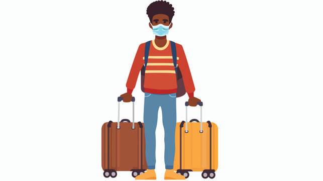 Afro young man wearing medical mask with suitcases i