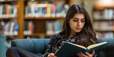 Female student reading a book in the library - academic research for finals or a PHD thesis. Performing scholastic learning with books for reports and homework - obrazy, fototapety, plakaty