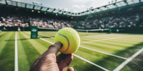 Tennis ball in court in stadium filled with people ready to watch a match