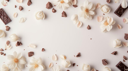 Fototapeta na wymiar Chocolates and candies top view, sweet background, free space