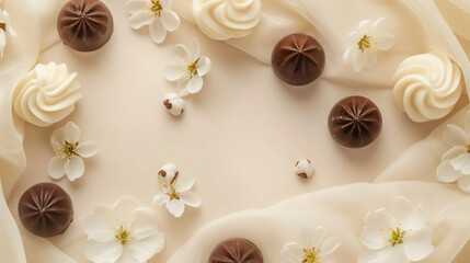 Chocolates and candies top view, sweet background, free space