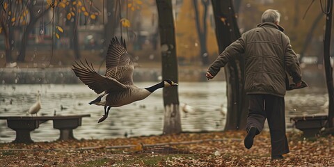 Wild goose chase - older senior citizen male chasing a goose at the lake in the park - obrazy, fototapety, plakaty