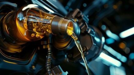 Refueling and Oil Change: Quality oil pour into car engine and gear transmission. Energy concept. - obrazy, fototapety, plakaty