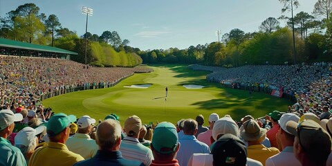 Fans watch Well-kept golf course with the fairway and green - Masters of golf (often professional golfers associated with various sponsors) play for domination on the course - obrazy, fototapety, plakaty