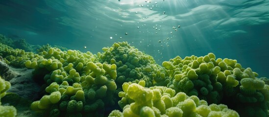 The image shows a diverse coral reef teeming with marine life, including green algae Tydemania expeditionis beads, in the clear waters of the Red Sea. Various coral formations and colorful fish can be - obrazy, fototapety, plakaty