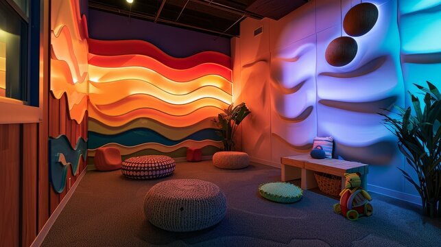 Sensory-Friendly Spaces: Designed for sensory sensitivities with quiet areas, calm corners, pastel colors, and rooms with soothing lights and textures.