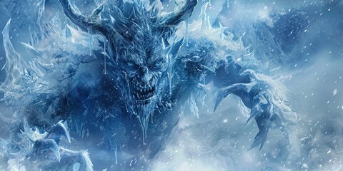 Hell freezing over - frozen devil in blue and covered with ice after the impossible happens