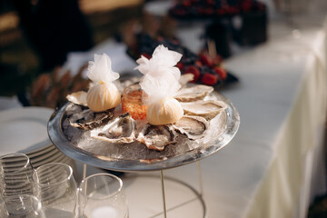 Cold drinks, alcoholic and non-alcoholic drinks and canapés on the buffet. Catering, service, aperitif. Celebration, event under the open sky outside