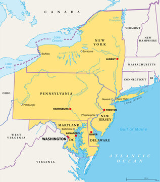 Mid-Atlantic region of the United States, political map. Located in the overlap between Northeastern and Southeastern states, including Delaware, D.C., Maryland, New Jersey, New York and Pennsylvania.