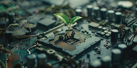 Plant growing on a motherboard - sustainable green technology concept with a seedling growing out of circuitry 