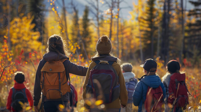 Woman teacher with class of kids exploring outdoors in early spring.