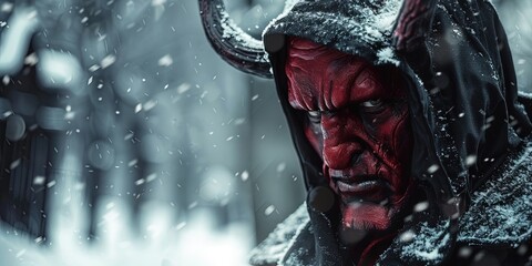 Cold day in hell as hell freezes over. Red devil in a snowstorm blizzard