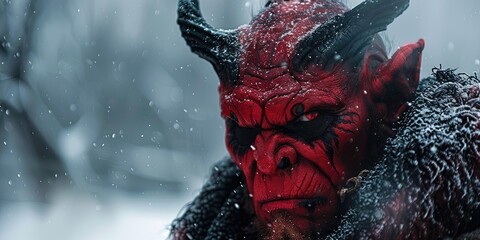 Cold day in hell as hell freezes over. Red devil in a snowstorm blizzard - obrazy, fototapety, plakaty