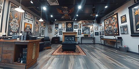Tattoo shop - modern interior of a tattoo and piercing business with walls filled with art designs to choose from - obrazy, fototapety, plakaty