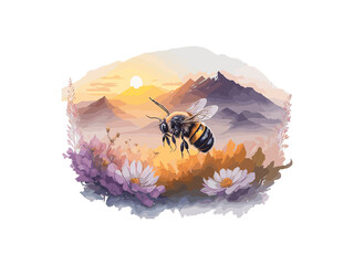 Watercolor Floral Honey Moon With Flying Bee And Sunflower, Png clipartIllustration
