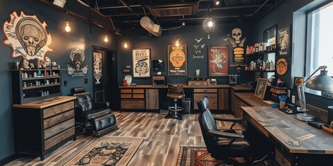 Tattoo shop - modern interior of a tattoo and piercing business with walls filled with art designs to choose from - obrazy, fototapety, plakaty