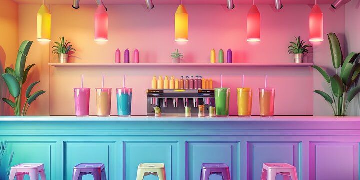 Modern smoothie shop - restaurant business interior with fruity frozen smoothies