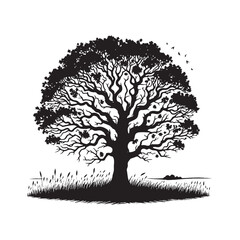 Enduring Strength: A Powerful Oak Tree Silhouette Withstanding the Test of Time - Illustration of Oak Tree - Vector of Oak Tree - Silhouette of Oak Tree
