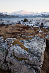 Mountain peak lit by winter sun, landscape of northern Norway