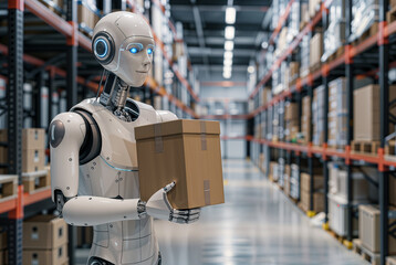 Futuristic robot working in a warehouse, modern anthropomorphic automated ai robot machine helping with logistics and packaging, shipping stock store - obrazy, fototapety, plakaty