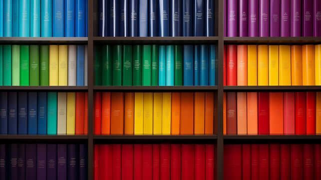 Bookshelf with colorful rainbow folders, Ai generated image.