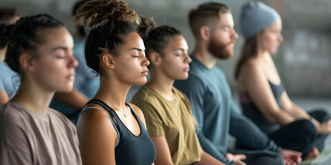 Group meditation at seated cross-legged meditation practice during workout yoga session at sports club, breath exercise,