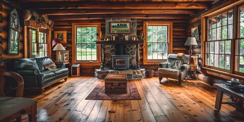 Cabin living room - rustic den for vacation travel with furniture 