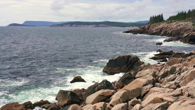 The Cabot Trail, a scenic highway on Cape Breton Island in Nova Scotia, Canada. Rugged coastline in the Cape Breton Highlands and the Cape Breton Highlands National Park.