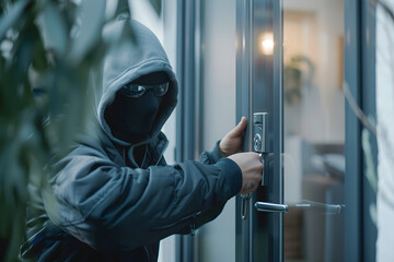 Masked burglary or thief breaking into a home opens the lock on the door, theft crime criminal case concept, Alarm system, Security system, Smart House and insurance