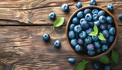 Blueberries in a bowl on a wooden table top view. Blueberry harvest. Fresh and ripe blueberries freshly picked bird's eye view - Powered by Adobe