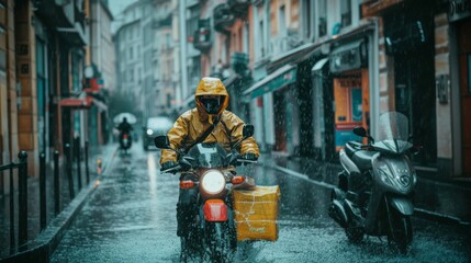A delivery rider in a yellow raincoat navigates a motorcycle down a wet urban street, illustrating city life and determination in inclement weather.