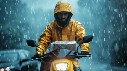 Focused delivery man in a yellow raincoat on a motorcycle holding a package, enduring heavy rain in an urban setting.