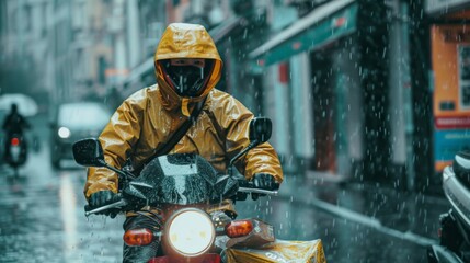 A motorcyclist rides through a wet city street, donned in a bright yellow raincoat against the pouring rain, reflecting the urban hustle.