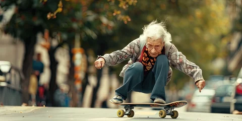 Fototapeten Older woman riding a skateboard - grandma action sports. Retired senior citizen checking items off  her bucket list © Brian