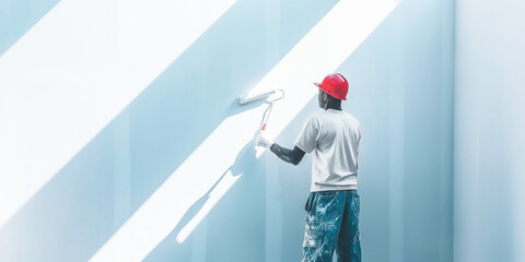 Fototapeta premium A male worker in a uniform and a red helmet holds a roller in his hand and paints a wall with white paint in a bright room. Construction and renovation concept
