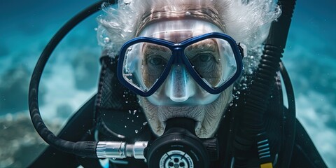 Older woman scuba diving - grandma action sports. Retired senior citizen checking items off  her bucket list - obrazy, fototapety, plakaty