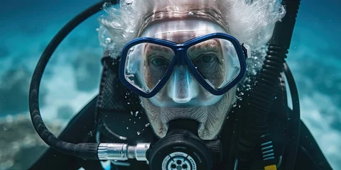 Wandaufkleber Older woman scuba diving - grandma action sports. Retired senior citizen checking items off  her bucket list © Brian
