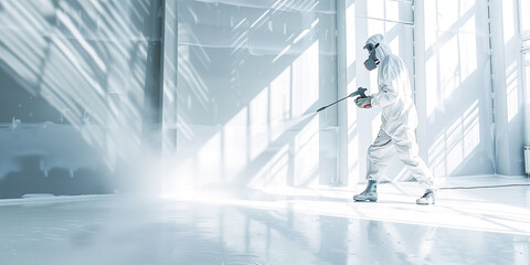 A builder in a protective suit and respirator paints walls with a spray gun. A male worker paints the walls in a new house with white spray paint. Construction and renovation concept
