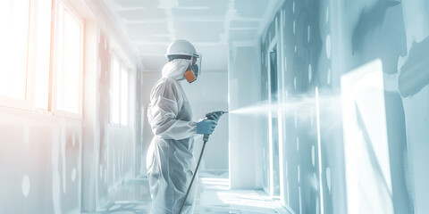 A builder in a protective suit and respirator paints walls with a spray gun. A male worker paints the walls in a new house with white spray paint. Construction and renovation concept