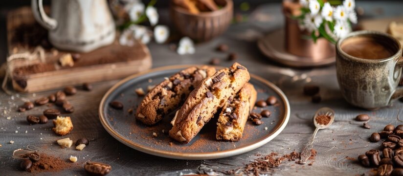 A plate of irresistible Italian creamy espresso cantuccini biscuits alongside a steaming cup of coffee on a wooden table.