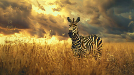 Zebra in the grass on storm sky background