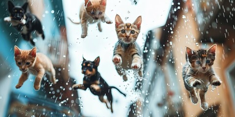raining cats and dogs - literal kittens and puppies falling from the sky like rain drops
