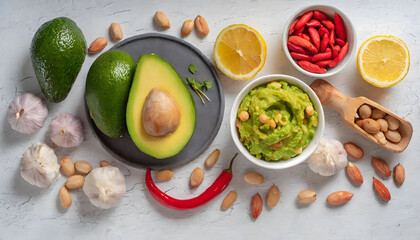 ingredients for homemade guacamole. avocado, lemon, garlic, peanuts, chili pepper , top view