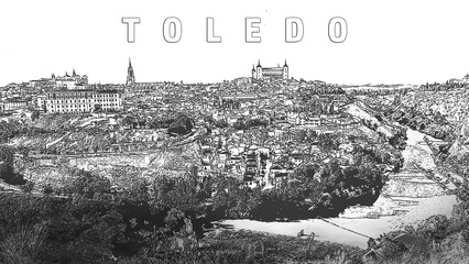 Skyline of the old city of Toledo on the hill where the Old Cathedral and the Alcazar stand embraced by the Tagus River - 749475865