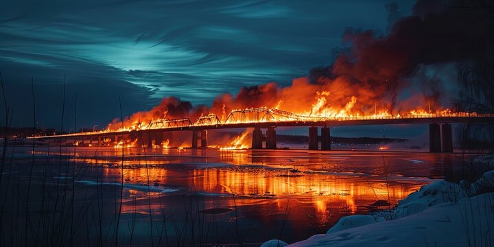 Burning bridges idiom concept - a bridge on fire with large orange and yellow flames and billowing smoke