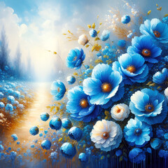 Obraz na płótnie Canvas Stunning Oil Paintings of Blue Flowers on Canvas. generative ai