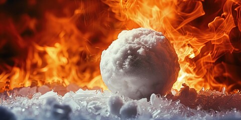 Snowball's chance in hell - frozen snowball surrounded by fiery flames - obrazy, fototapety, plakaty