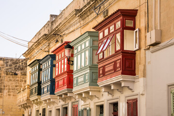 Gallarija, closed balconies, typical of Malta, of various colours