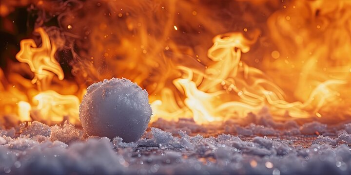 Snowball's chance in hell - frozen snowball surrounded by fiery flames