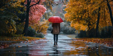 Rainy day concept - Showers raining in the spring April weather - woman with an umbrella  - obrazy, fototapety, plakaty